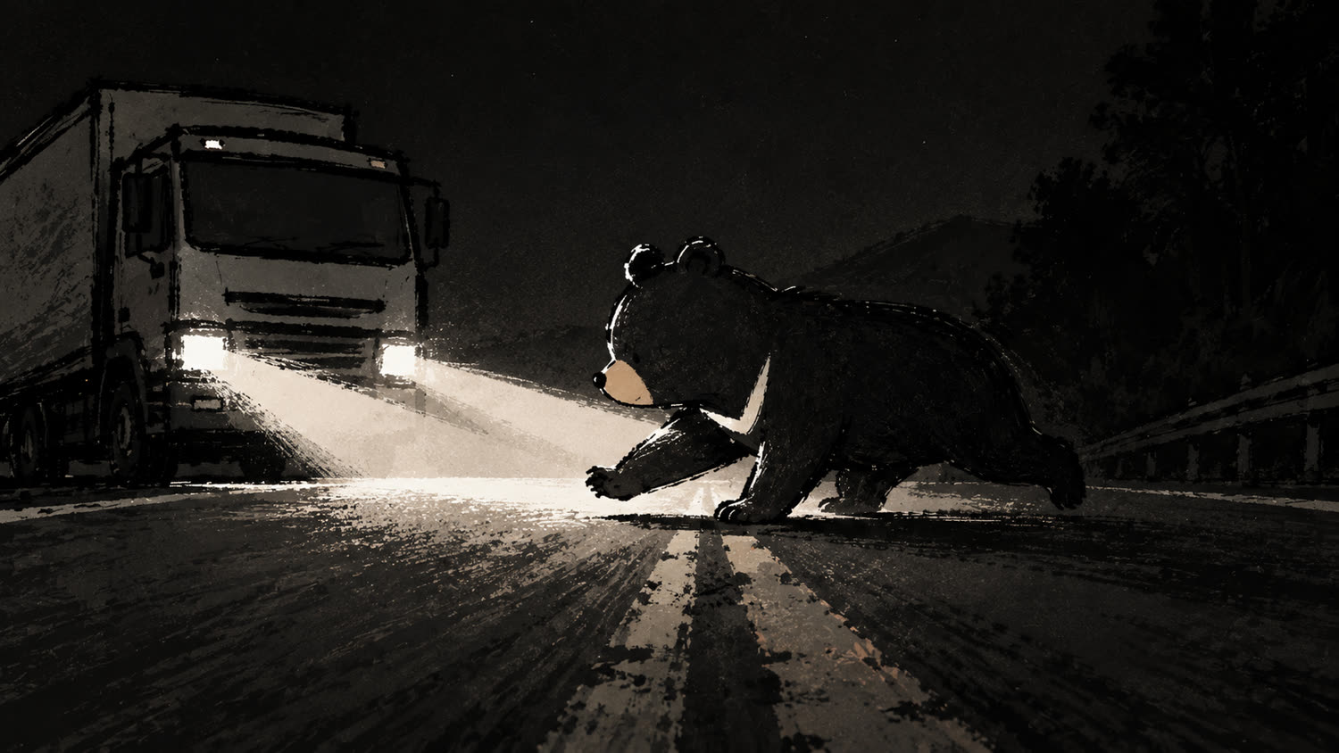 夜裡的公路，卡車車燈切開黑夜，黑熊壓低身體小跑穿越中線