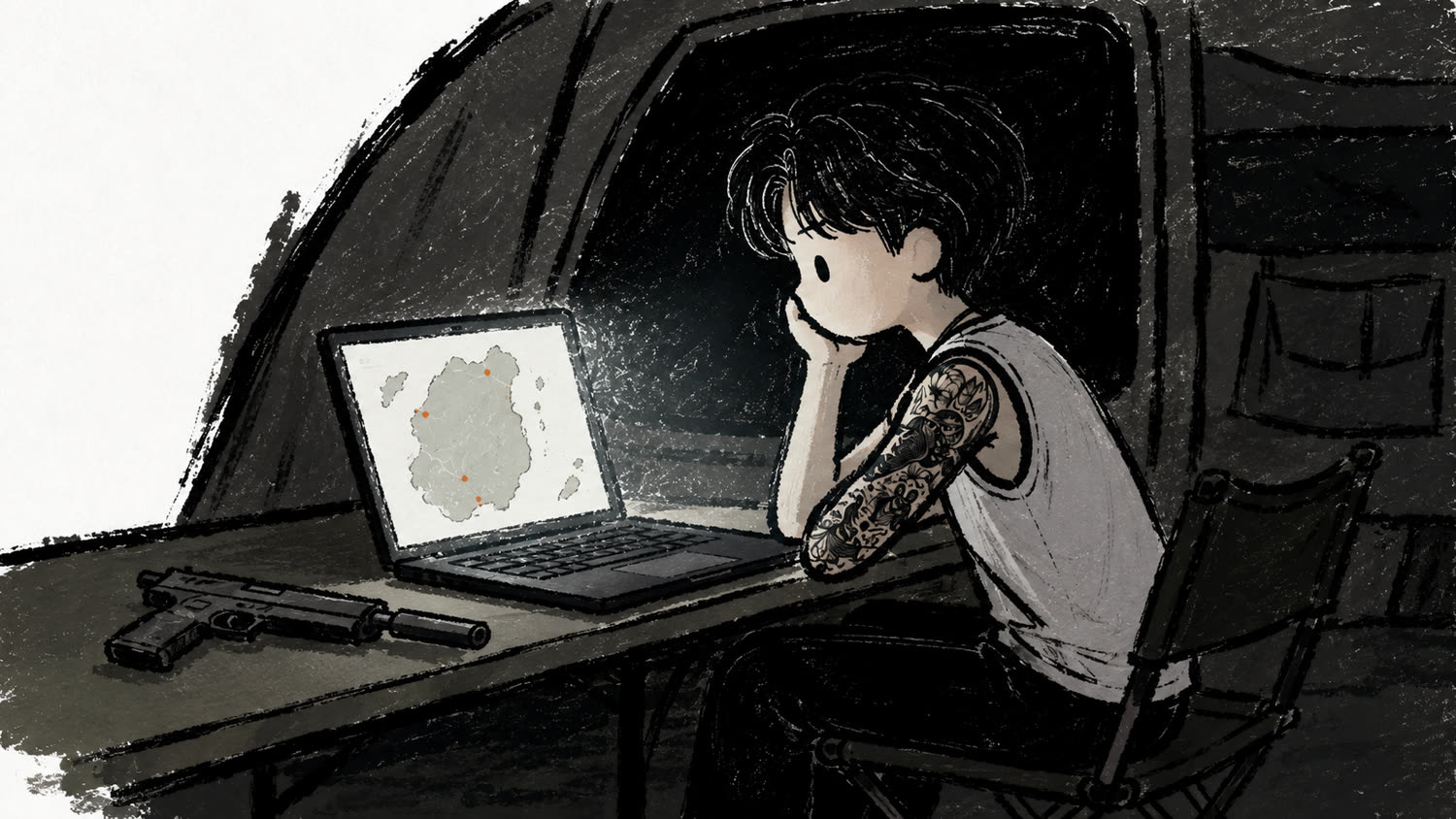 夜裡守在筆電前的人，螢幕照亮疲倦的側臉，桌上放著麻醉槍