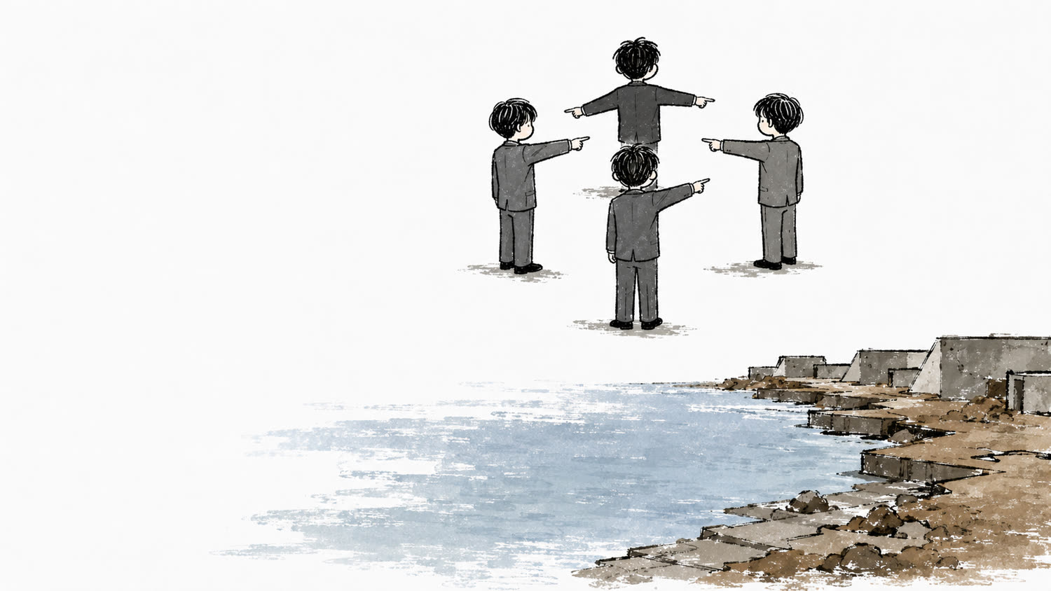 插畫:海邊四個西裝的人互相指著對方,沒有人指向自己