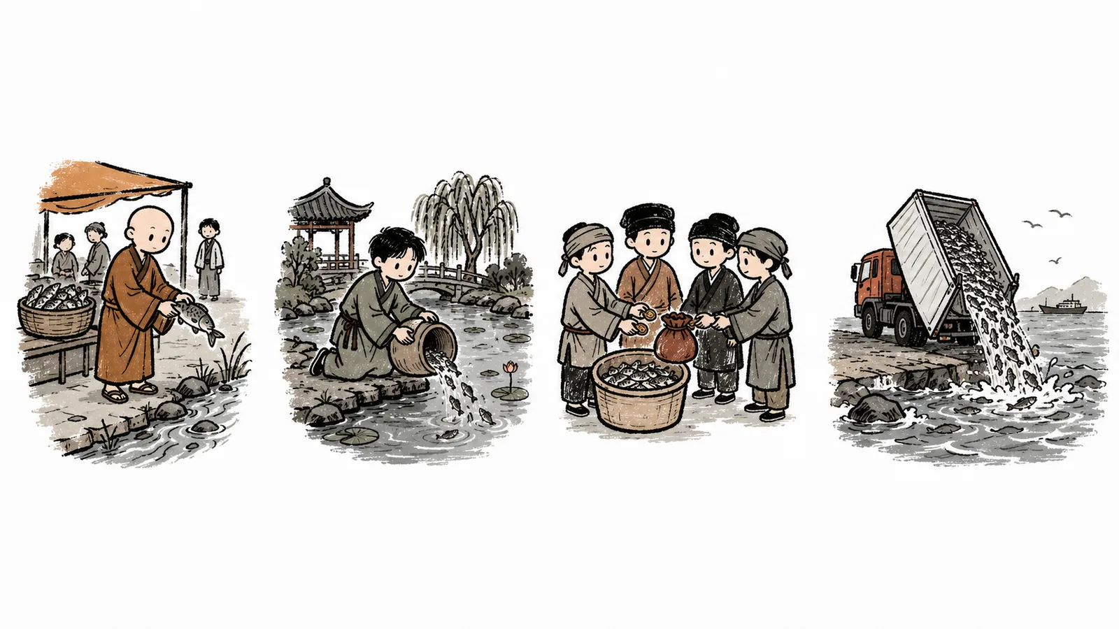 放生兩千五百年演變:市場遇魚就地放回、放生池、放生會集資、貨車整車傾倒
