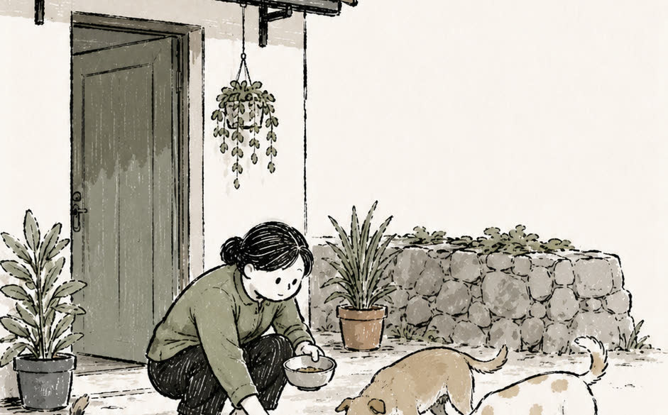 屋前有人蹲著餵食遊蕩犬